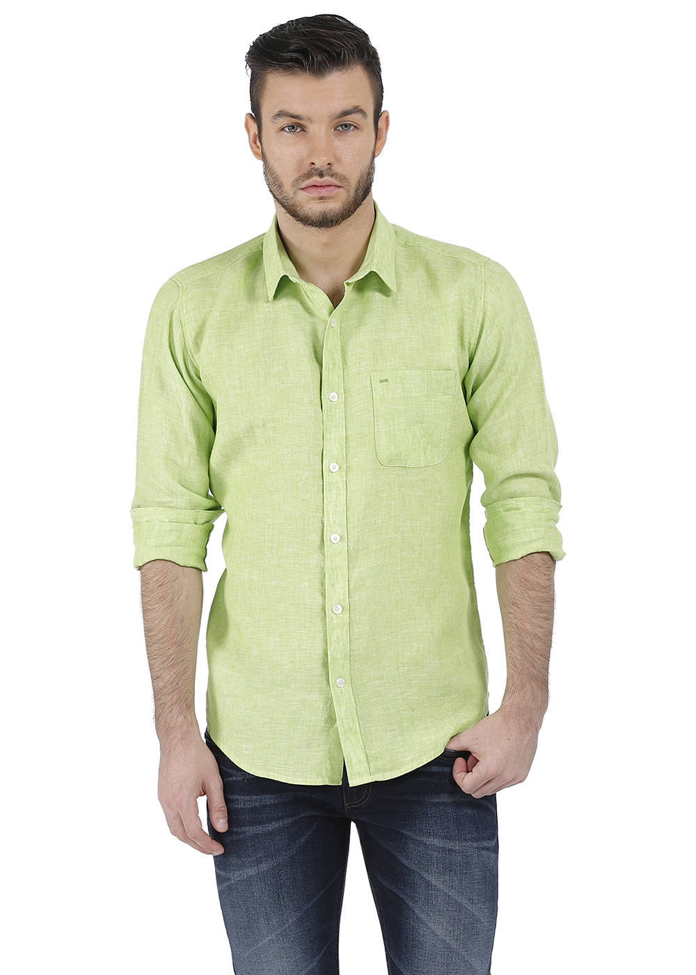 Basics | Basics Essential Slim Fit Green Chambray Linen Shirt-15BCSH32121