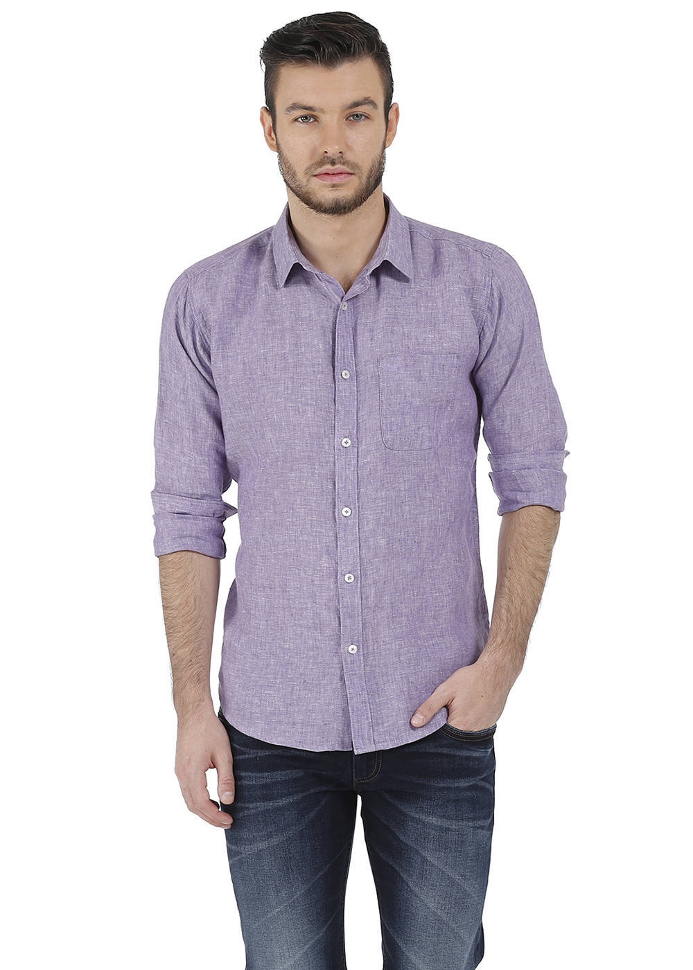 Basics | Basics Essential Slim Fit Purple Chambray Linen Shirt-15BCSH32122