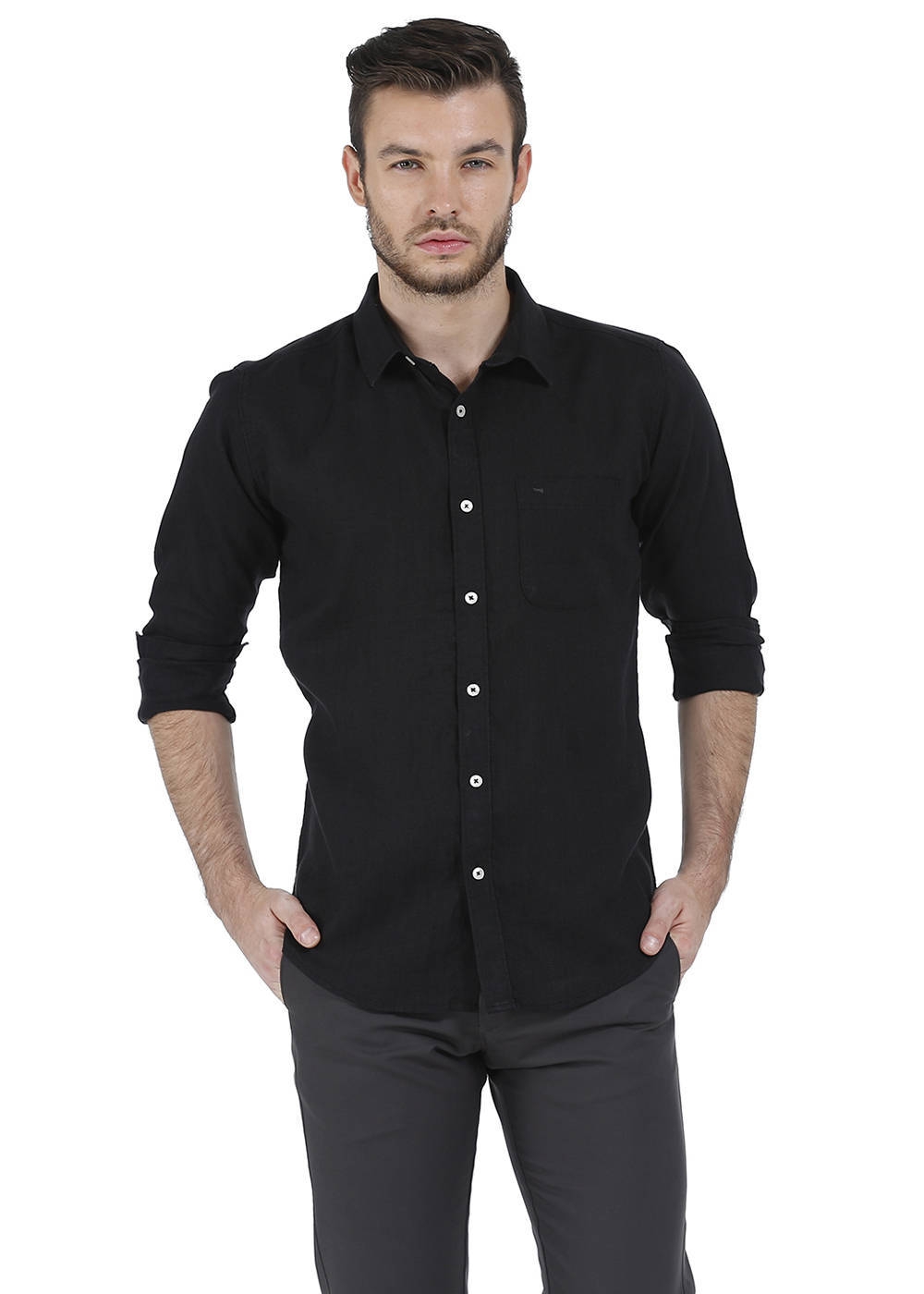 Basics | Basics Essential Slim Fit Black Chambray Linen Shirt-15BCSH32124