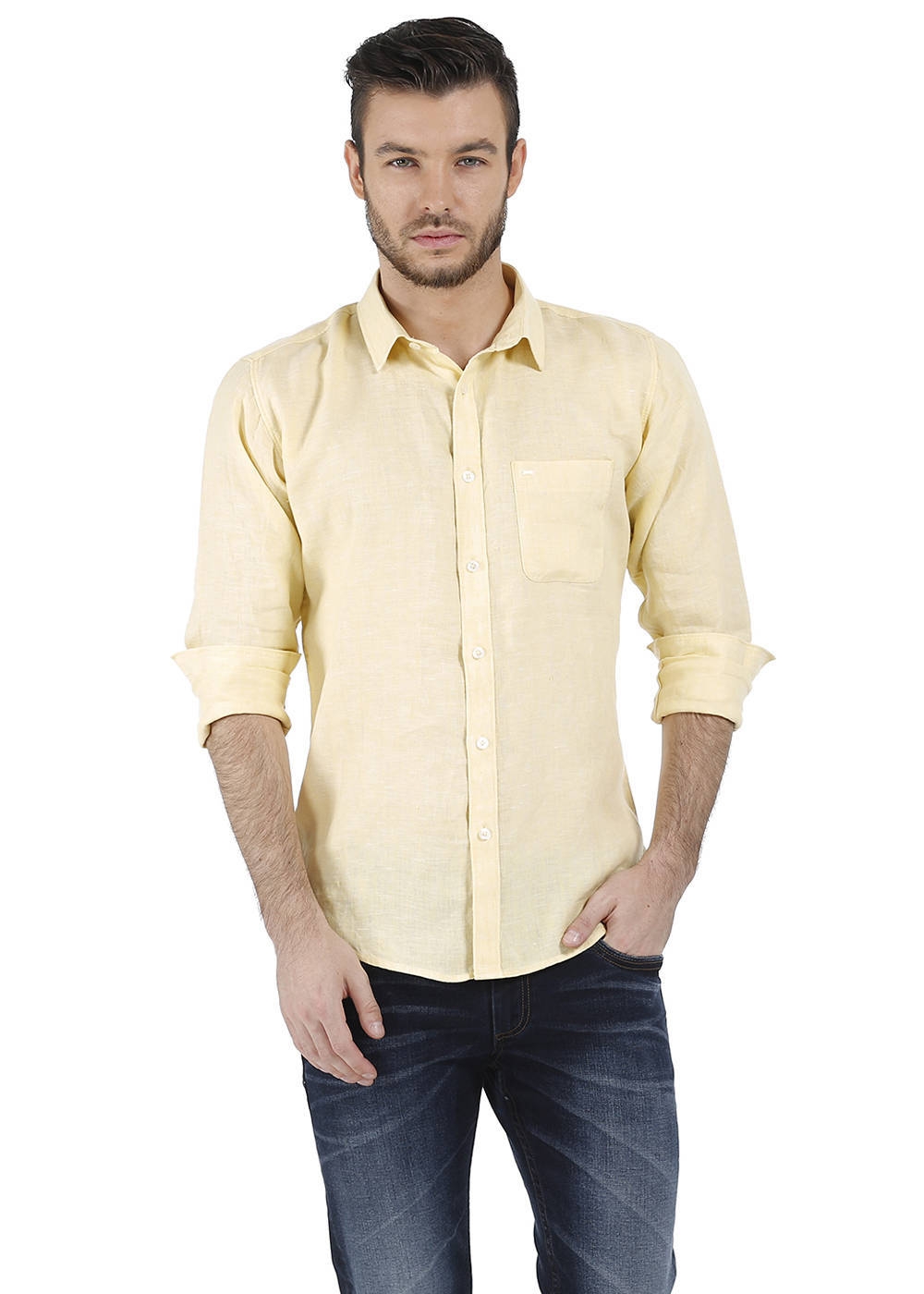 Basics | Basics Essential Slim Fit Yellow Chambray Linen Shirt