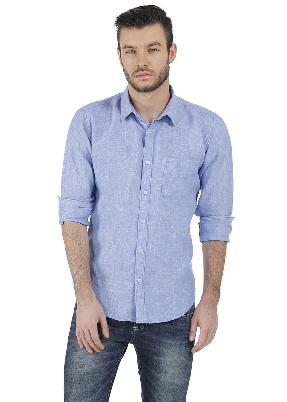BASICS | Basics Essential Slim Fit Aqua Chambray Linen Shirt-15BCSH32128
