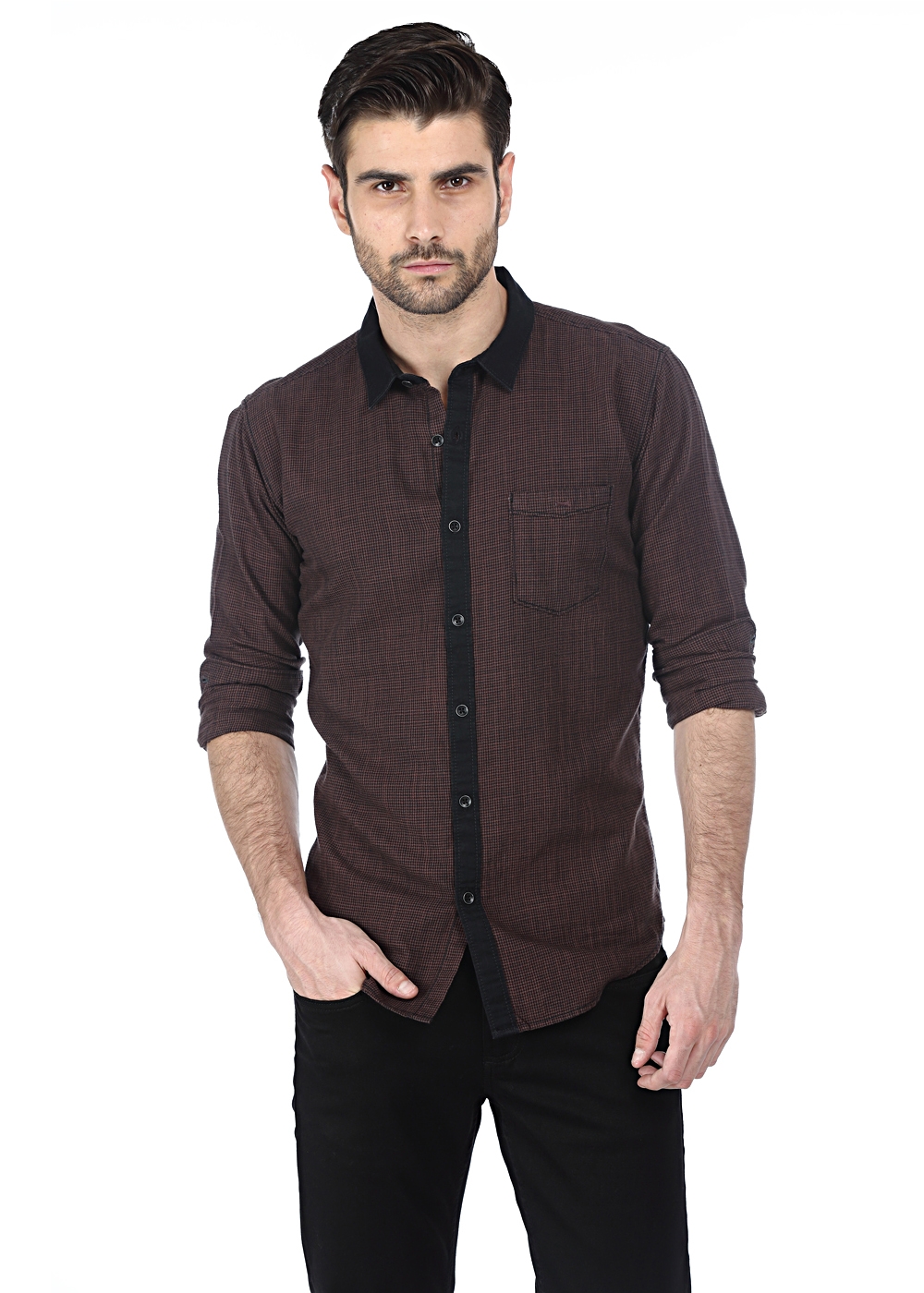 Basics | Slim Fit Smart Casual Dark Earth Twill Weave Houndstooth Shirt with Black Collar