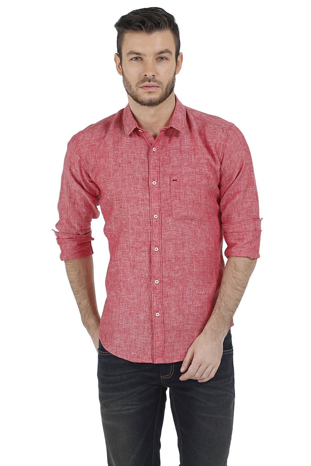 Basics | Basics Slim Fit Red Chambray Linen Shirt