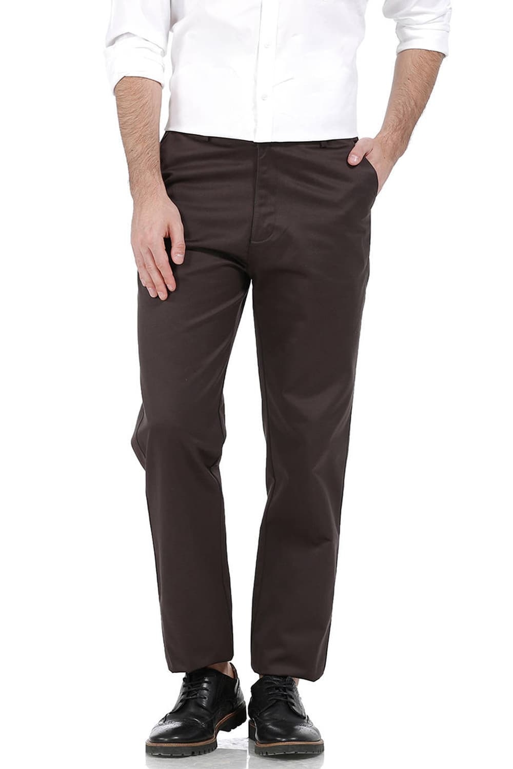 Basics | Basics Comfort Fit Mid Brown Satin Weave Poly Cotton Trousers
