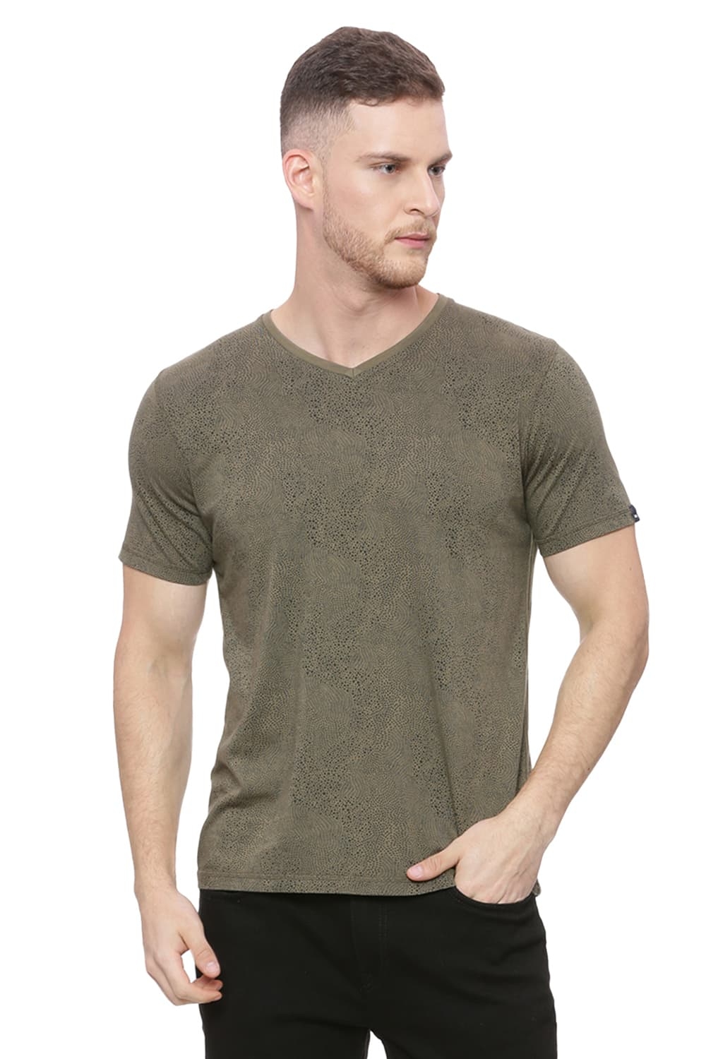 BASICS | Basics Muscle Fit Harvest Gold Printed V Neck T Shirt
