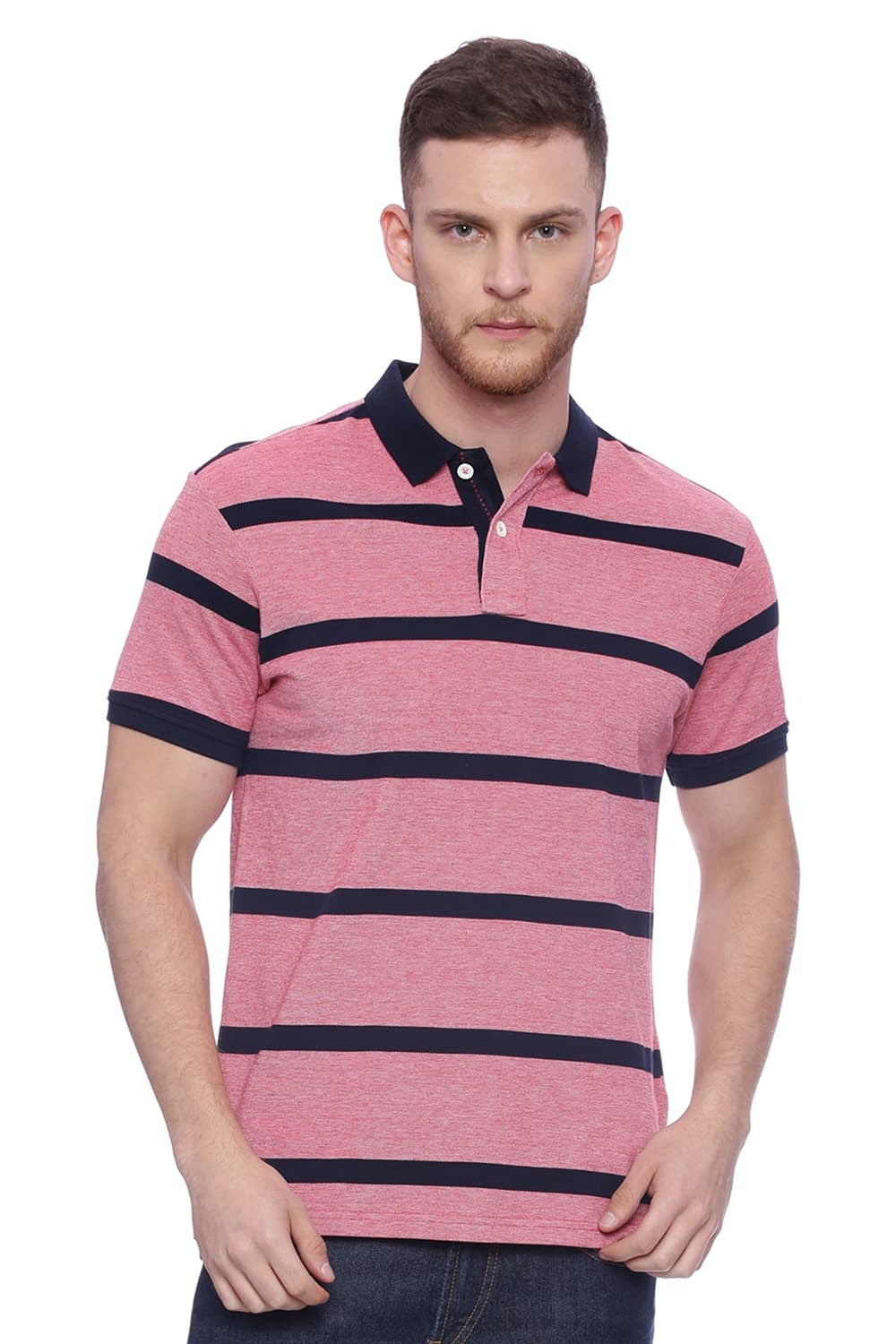 Basics | Basics Muscle Fit Chambray Red Striped Rugby Polo T Shirt
