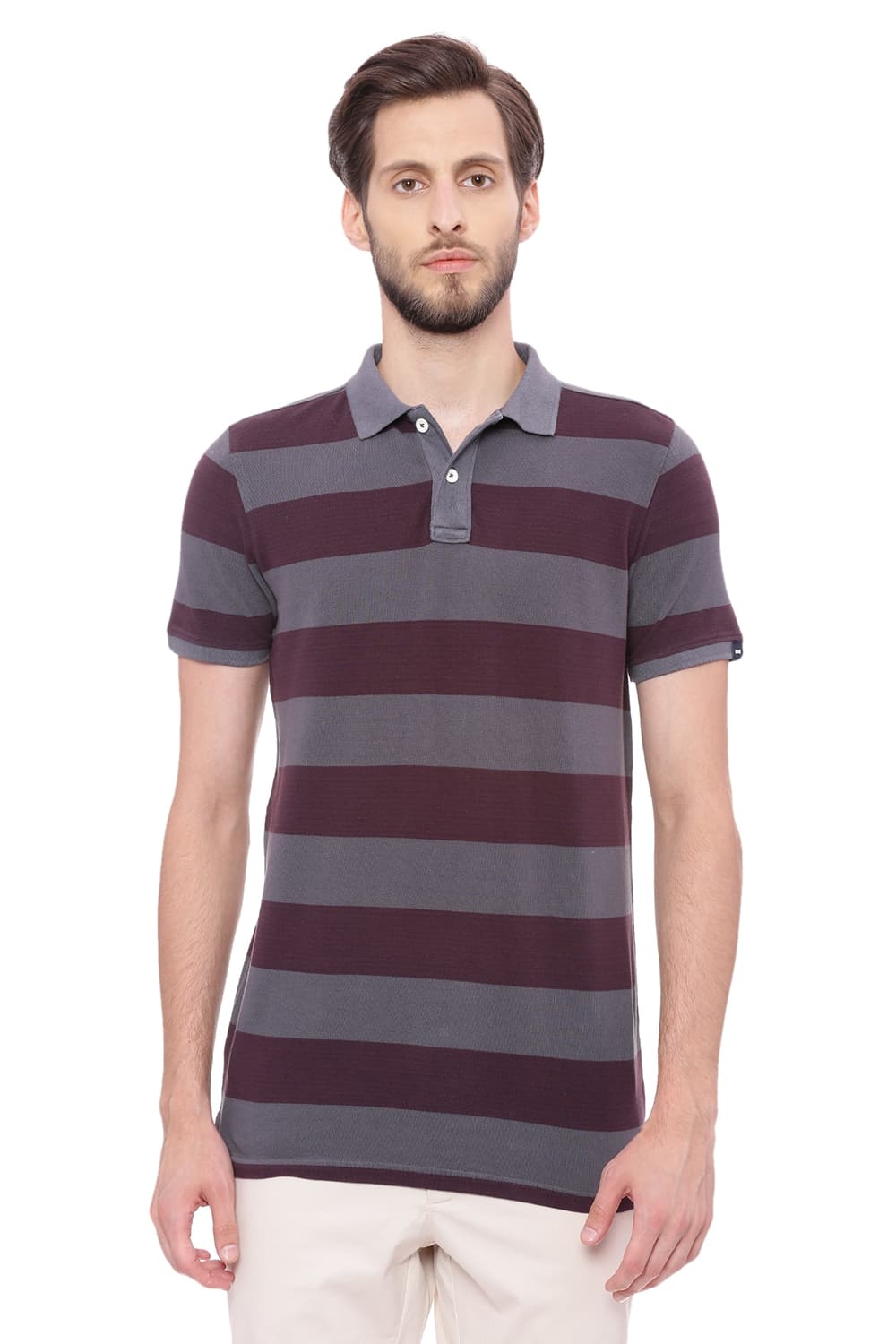 Basics | Basics Muscle Fit Dark Shadow Grey Striped Rugby Polo T Shirt