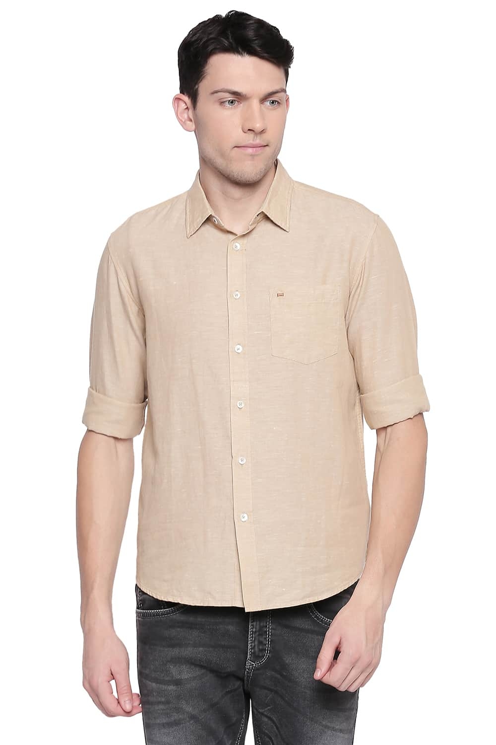 Basics | Basics Slim Fit Warm Khaki Cotton Linen Shirt