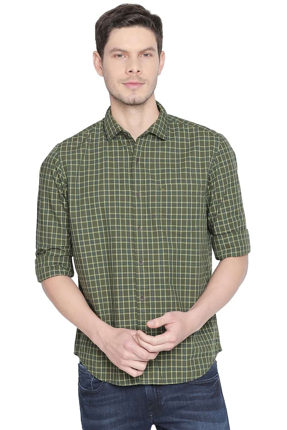 Basics | Basics Slim Fit Dill Green Checks Shirt