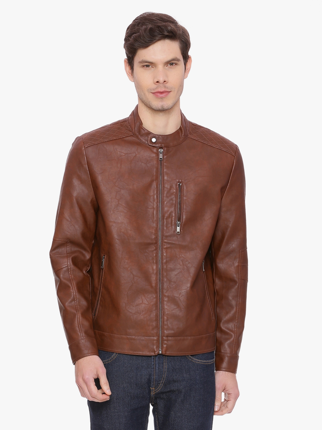 Basics | Basics Comfort Fit Friar Brown Faux Leather Jacket
