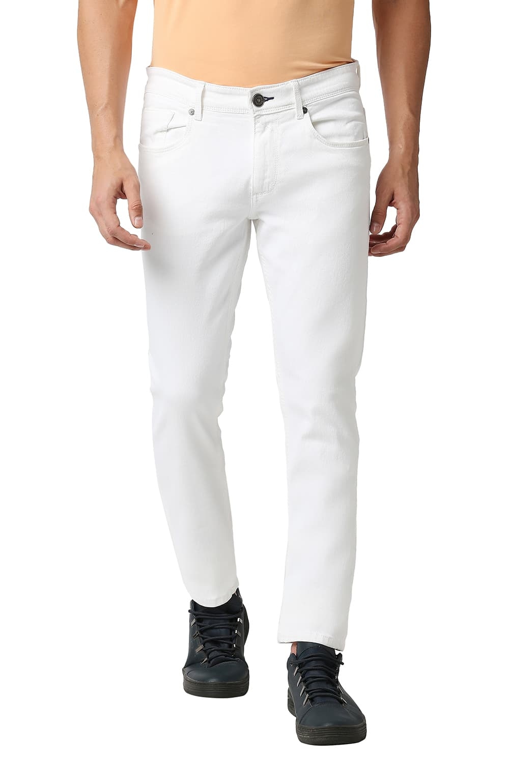 Men's White Cotton Blend Solid Jeans
