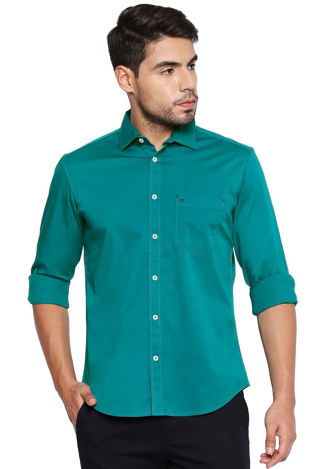 BASICS | Basics Slim Fit Navigate Green Stretch Shirt