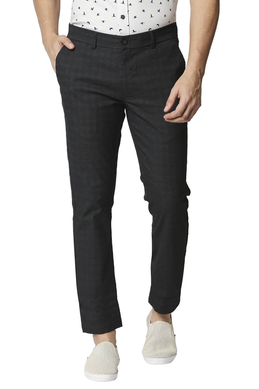 Basics | BASICS CASUAL CHECKED DARK GREY COTTON POLYESTER STRETCH TAPERED TROUSERS 