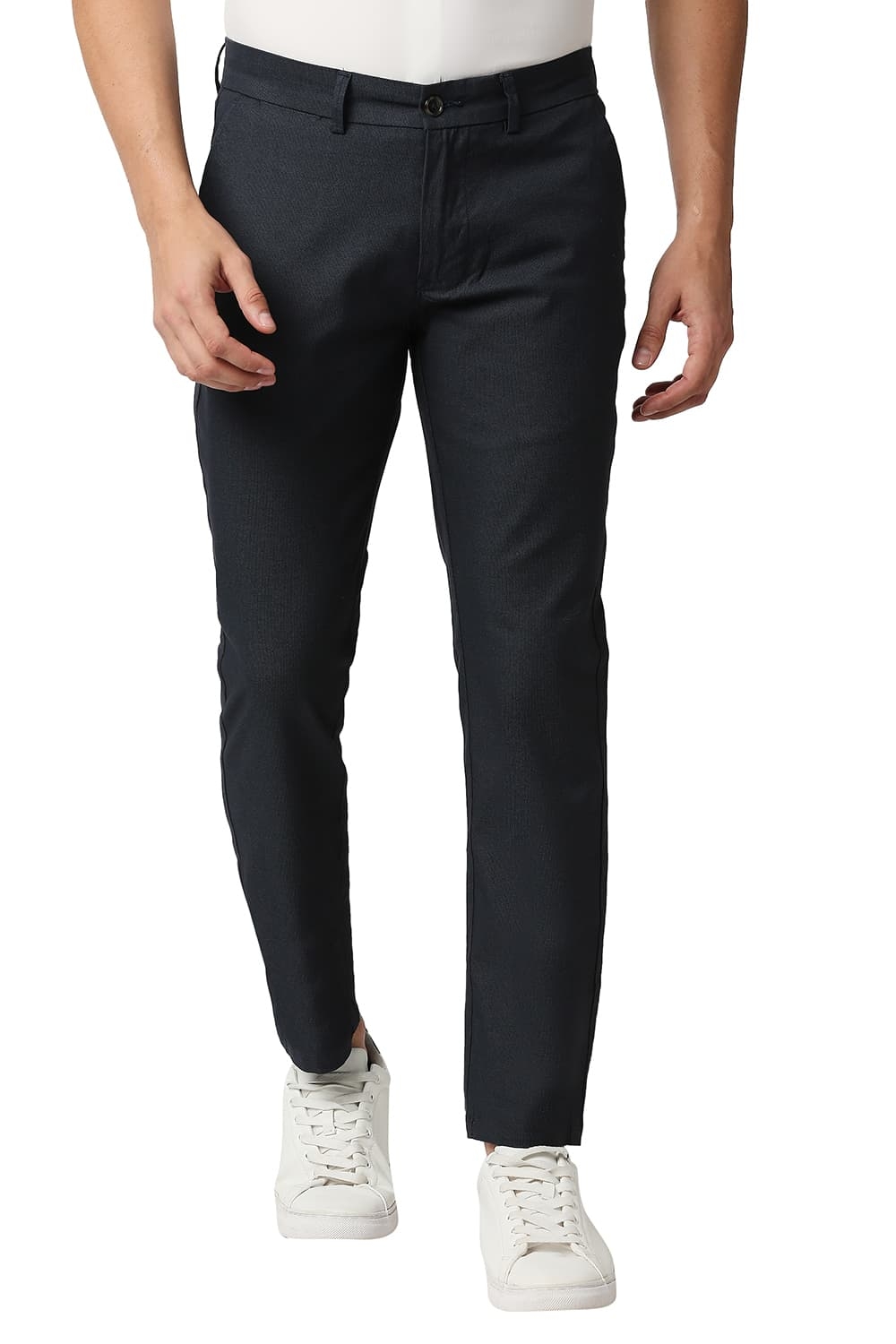 Basics | BASICS CASUAL SELF NAVY COTTON POLYESTER STRETCH TAPERED TROUSERS 