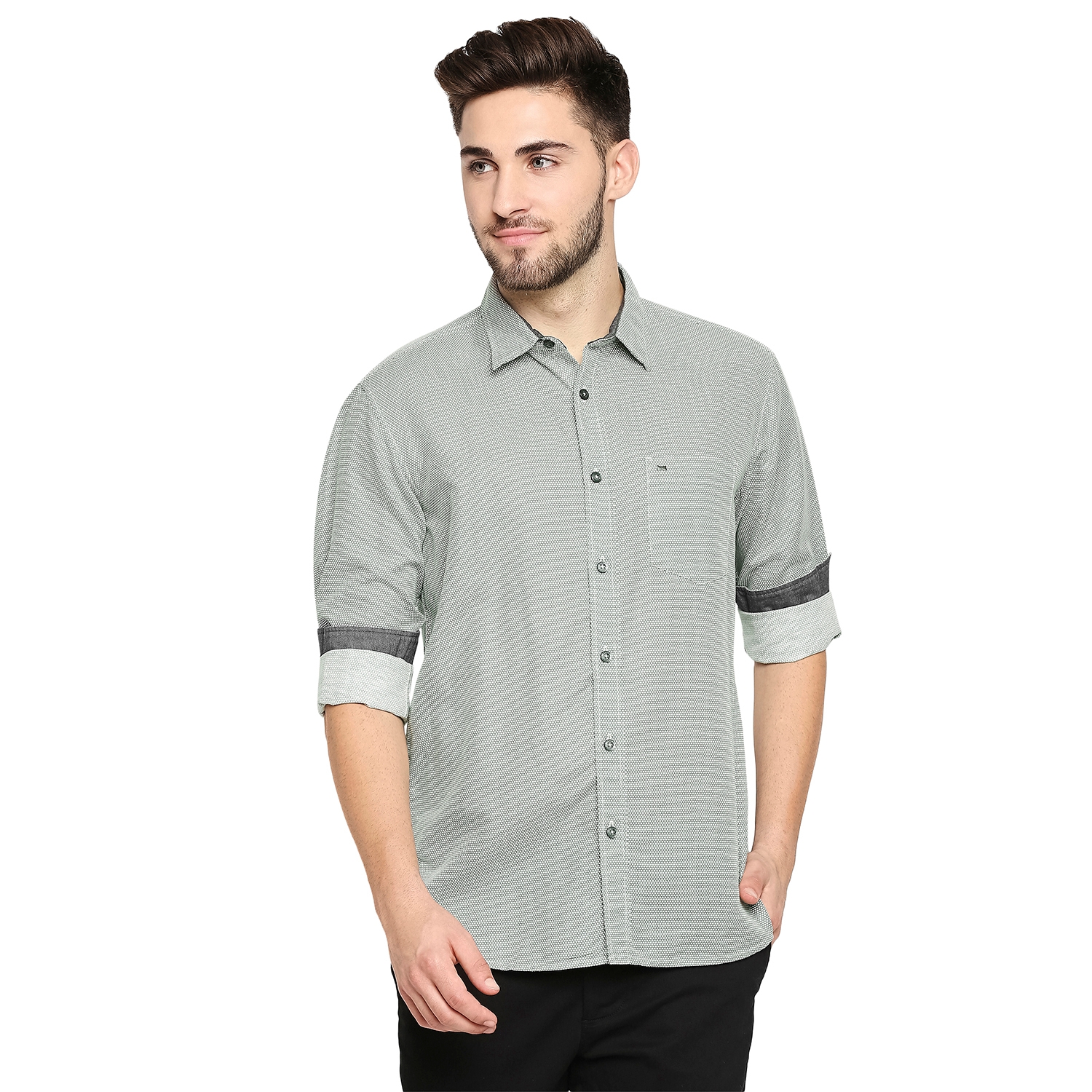 Basics | Basics Slim Fit Stone Green Cotton Hemp Printed Shirt