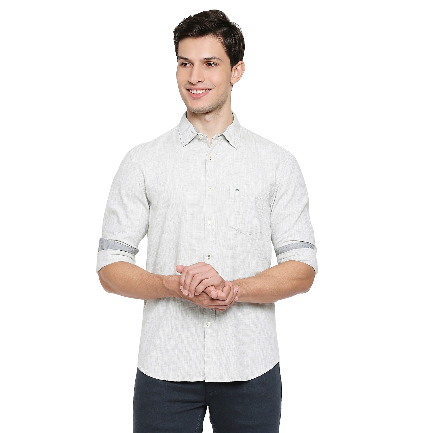 Basics | Basics Slim Fit Smoke Green Slub Twill Stripe Shirt