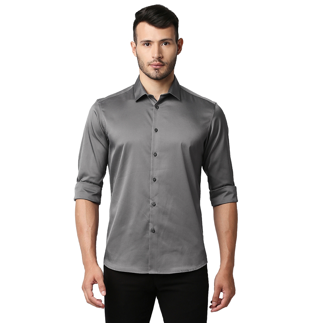 Men's Grey Polyester Solid Casual Shirt