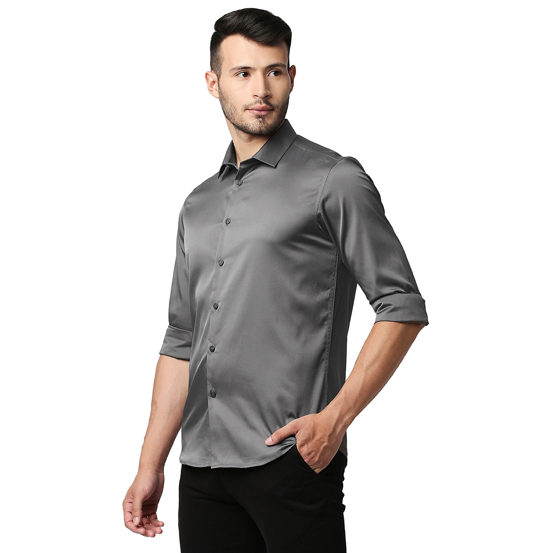 Men's Grey Polyester Solid Casual Shirt
