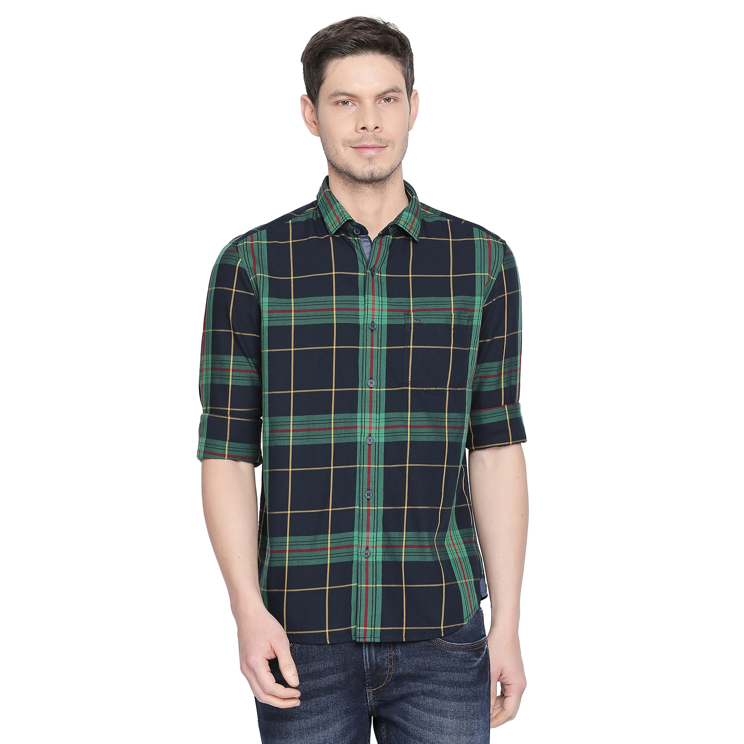Basics | Basics Slim Fit Fern Green Twill Checks Shirt
