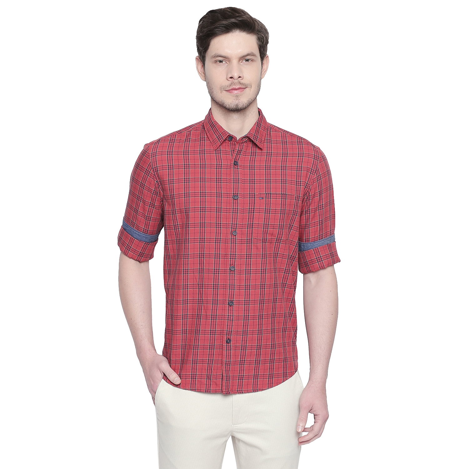 Basics | Basics Slim Fit Cranberry Red Twill Checks Shirt