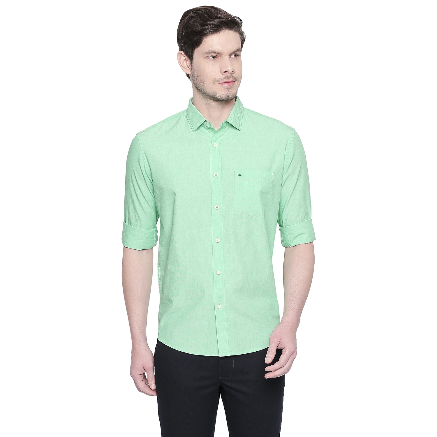 Basics | Basics Slim Fit Green Ash Fil a Fil Shirt