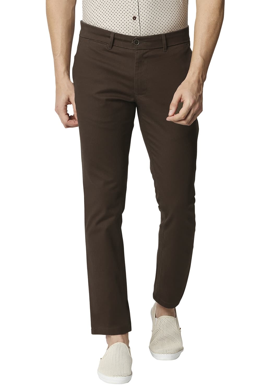 Basics | BASICS CASUAL SELF MID BROWN COTTON STRETCH TAPERED TROUSERS 