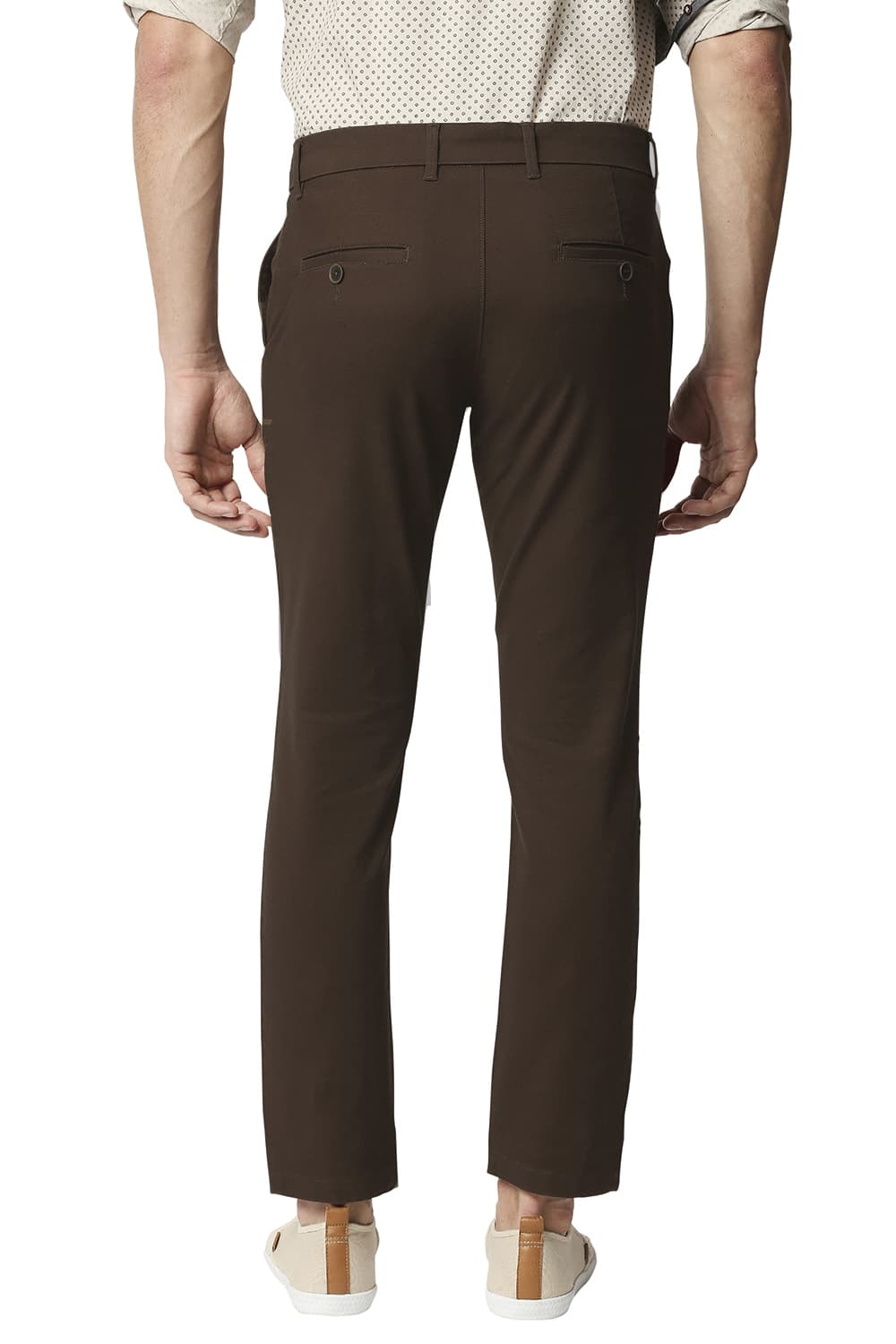 BASICS CASUAL SELF MID BROWN COTTON STRETCH TAPERED TROUSERS 
