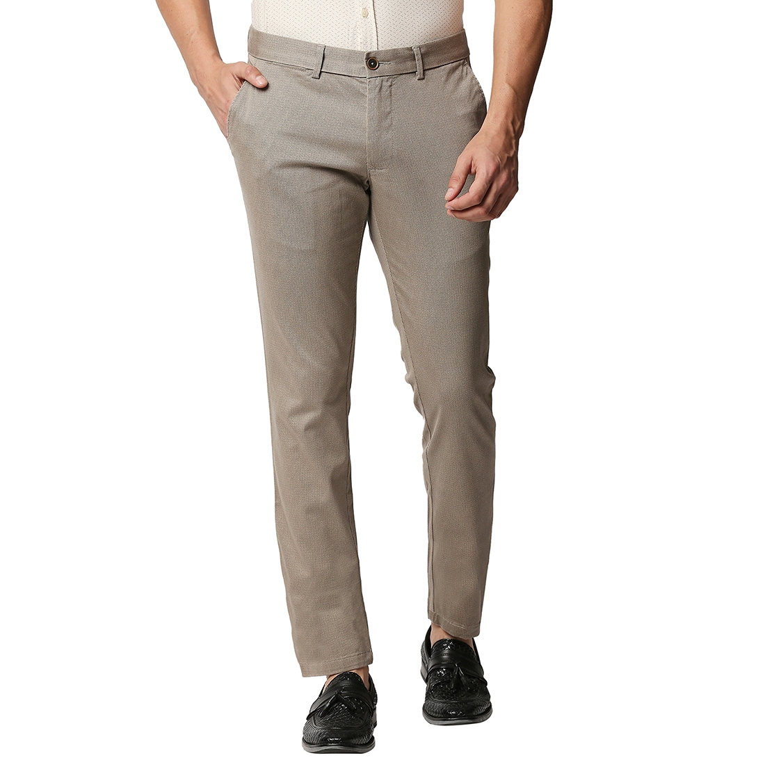 Basics | BASICS CASUAL PRINTED MID BROWN COTTON STRETCH TAPERED TROUSERS 