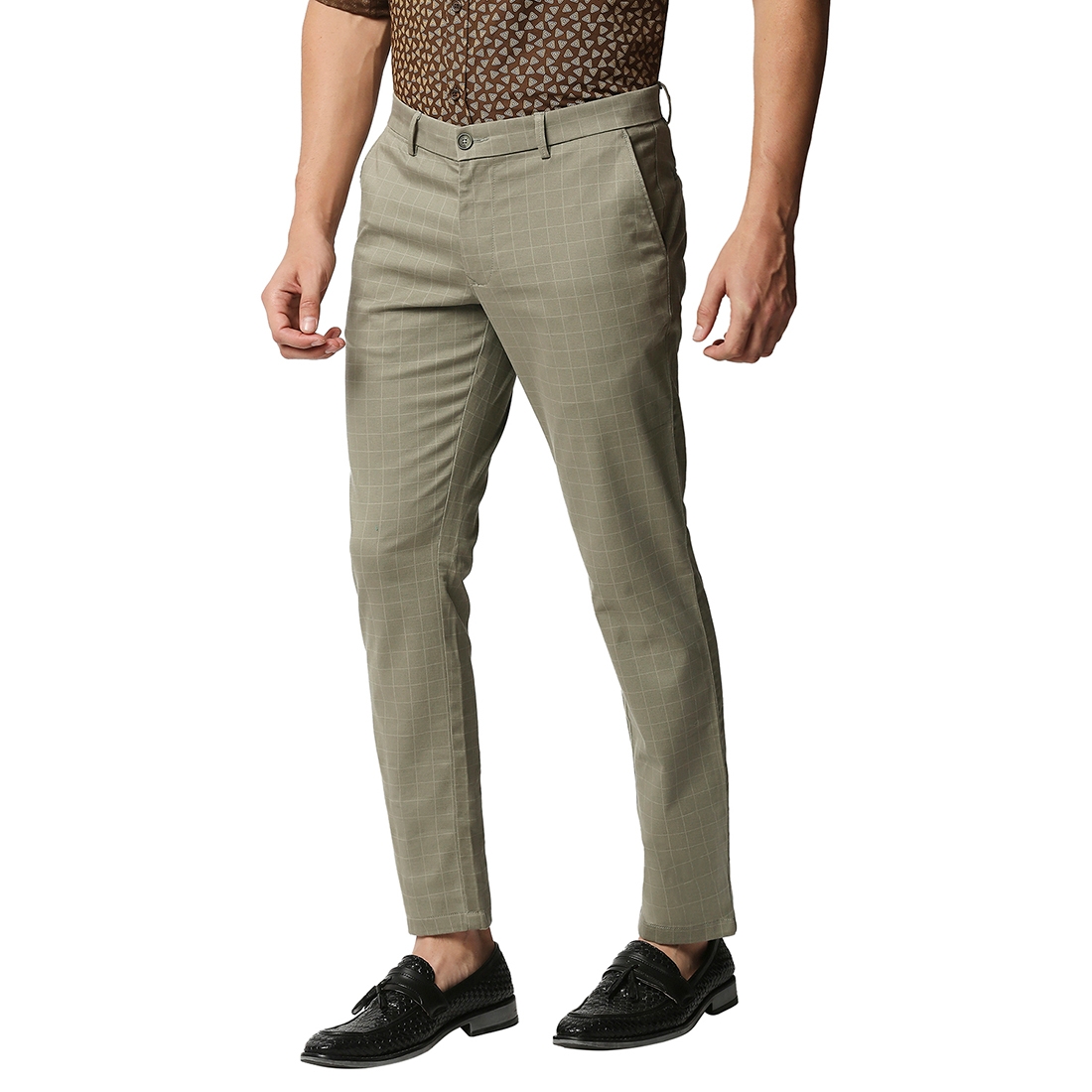 Basics | BASICS CASUAL PRINTED LIGHT GREEN COTTON STRETCH TAPERED TROUSERS  2