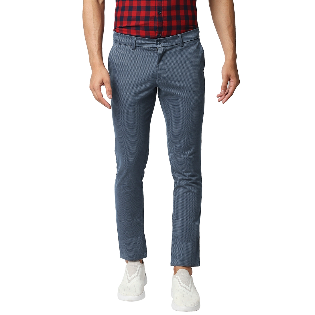 BASICS CASUAL PRINTED NAVY COTTON STRETCH TAPERED TROUSERS 