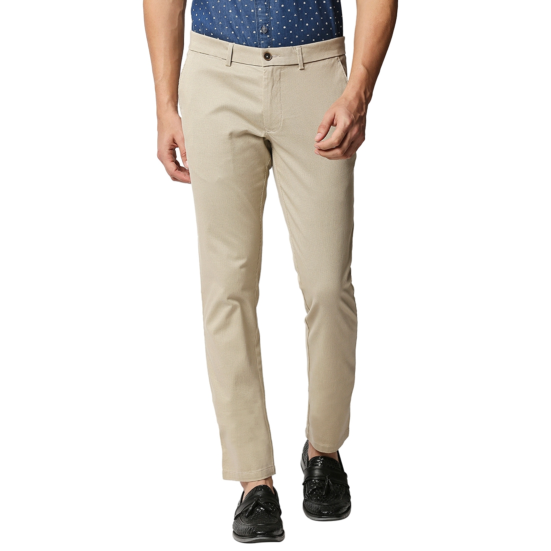 BASICS CASUAL PRINTED KHAKI COTTON STRETCH TAPERED TROUSERS 