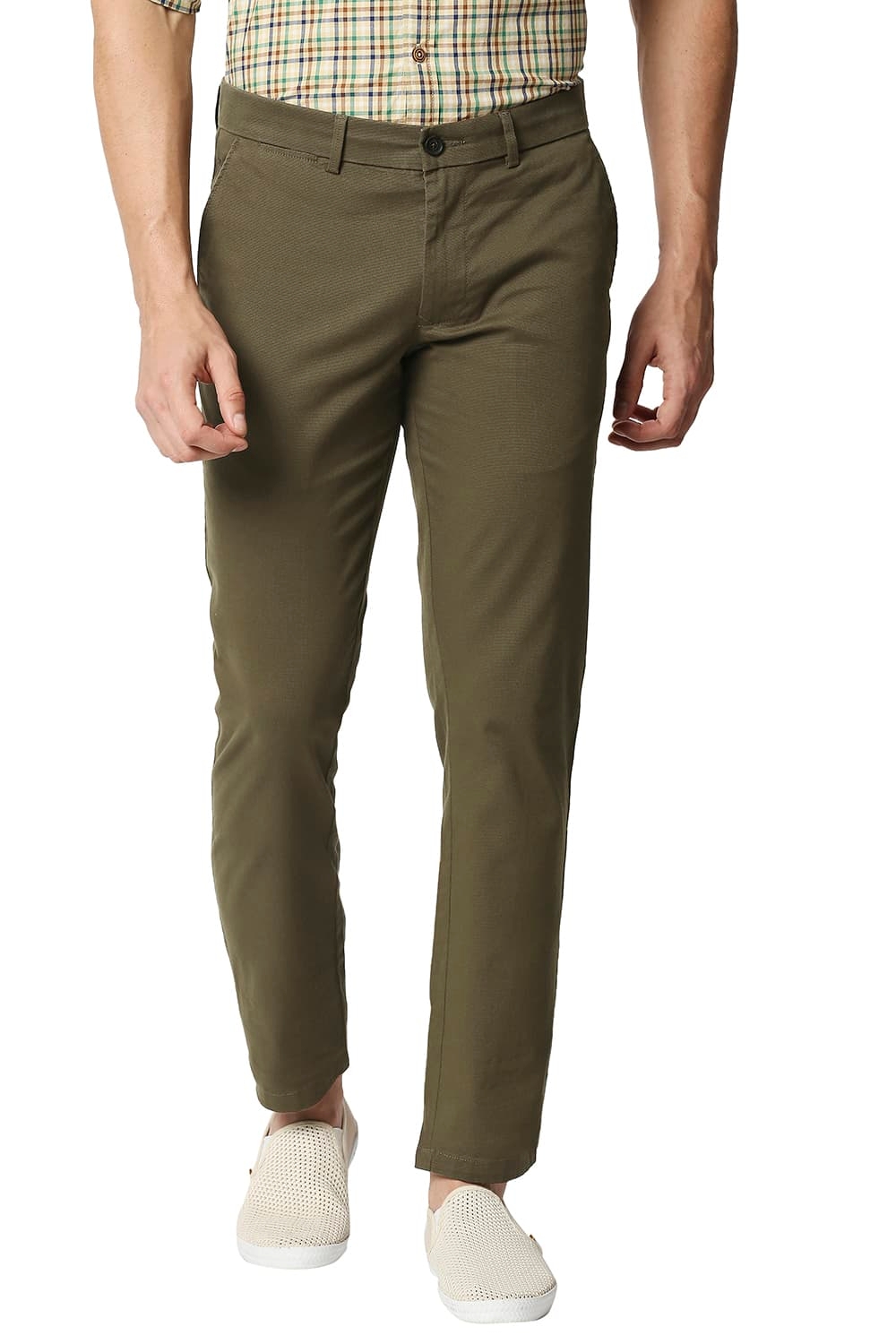Basics | BASICS CASUAL SELF OLIVE COTTON STRETCH TAPERED TROUSERS 