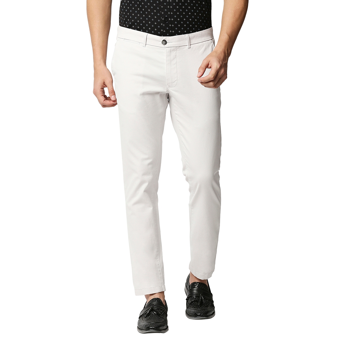 Men's White Cotton Blend Solid Trouser