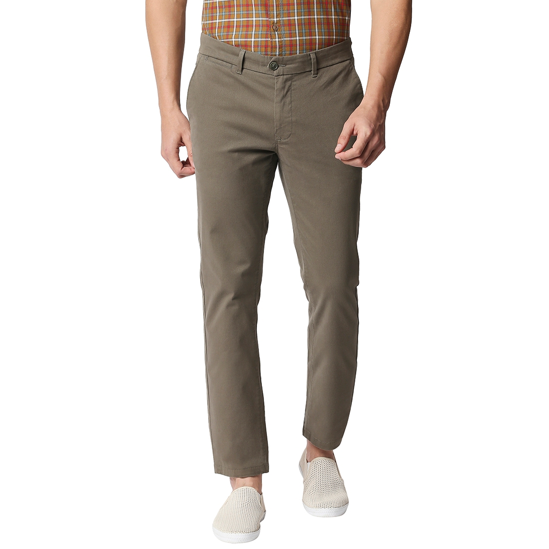 Basics | BASICS CASUAL PLAIN OLIVE COTTON STRETCH TAPERED TROUSERS 