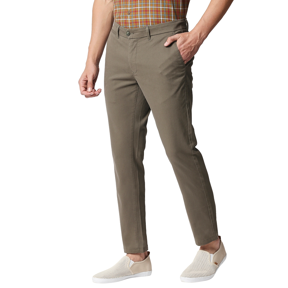 Basics | BASICS CASUAL PLAIN OLIVE COTTON STRETCH TAPERED TROUSERS  2