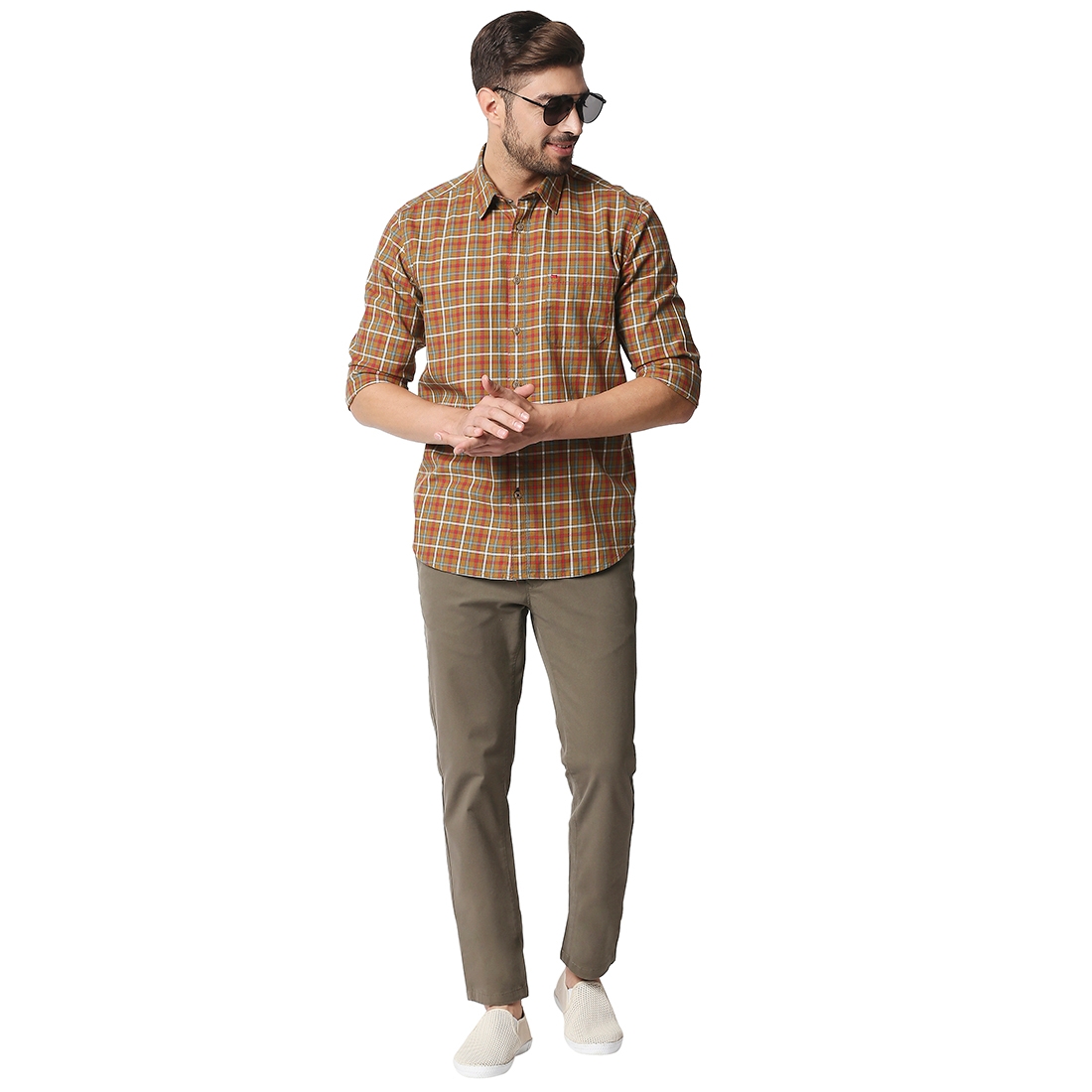 Basics | BASICS CASUAL PLAIN OLIVE COTTON STRETCH TAPERED TROUSERS  4