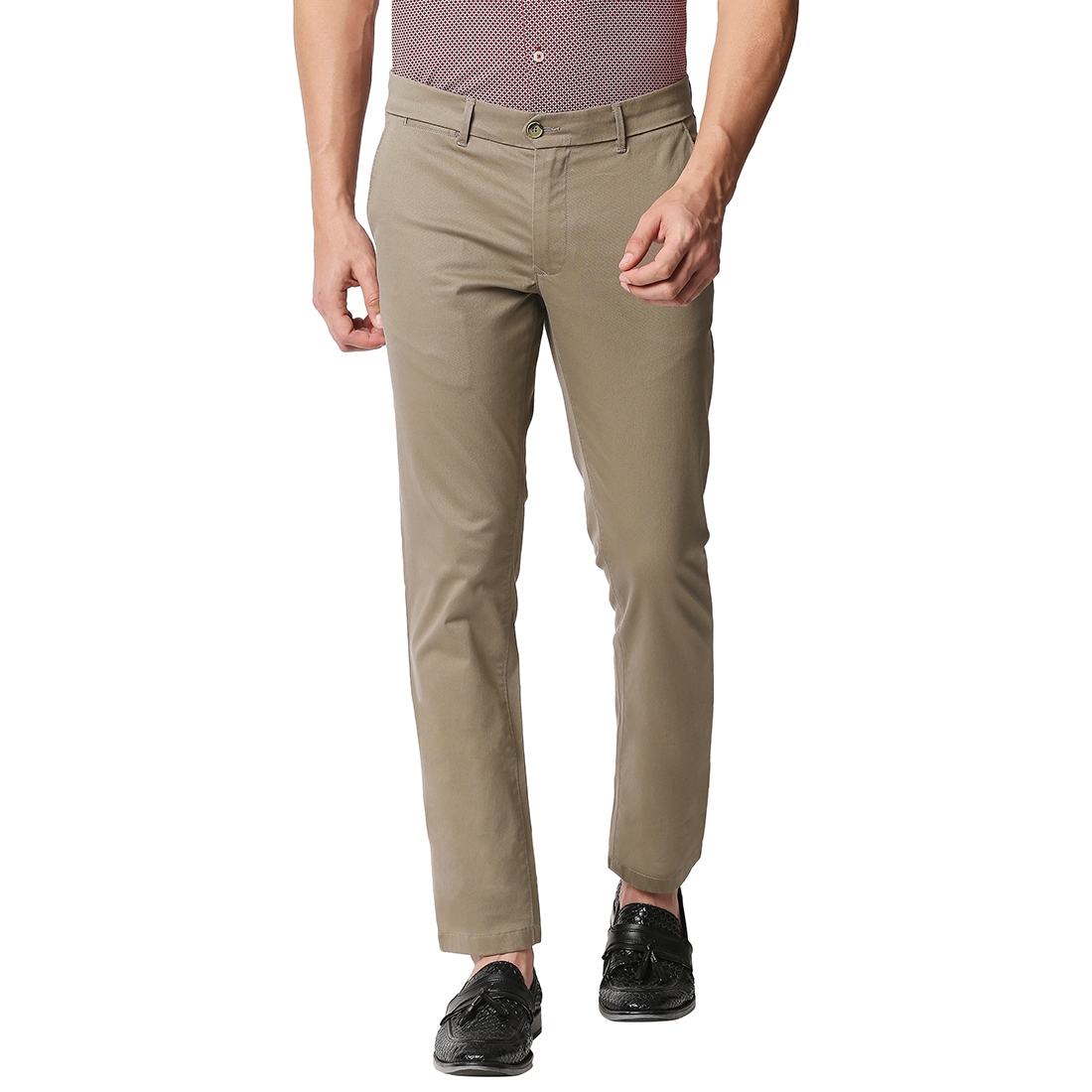 Basics | BASICS CASUAL SELF MID BROWN COTTON STRETCH TAPERED TROUSERS 