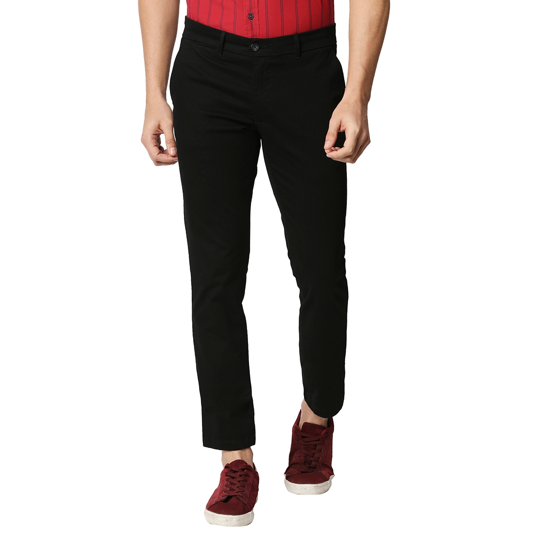 Basics | BASICS CASUAL SELF BLACK COTTON STRETCH TAPERED TROUSERS 
