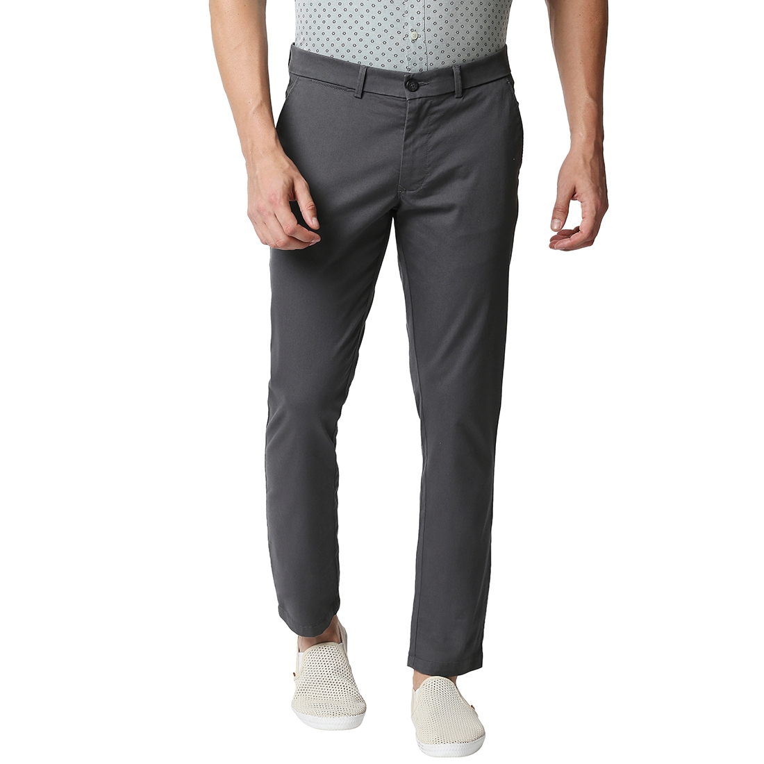 BASICS CASUAL PLAIN MID GREY COTTON STRETCH TAPERED TROUSERS 