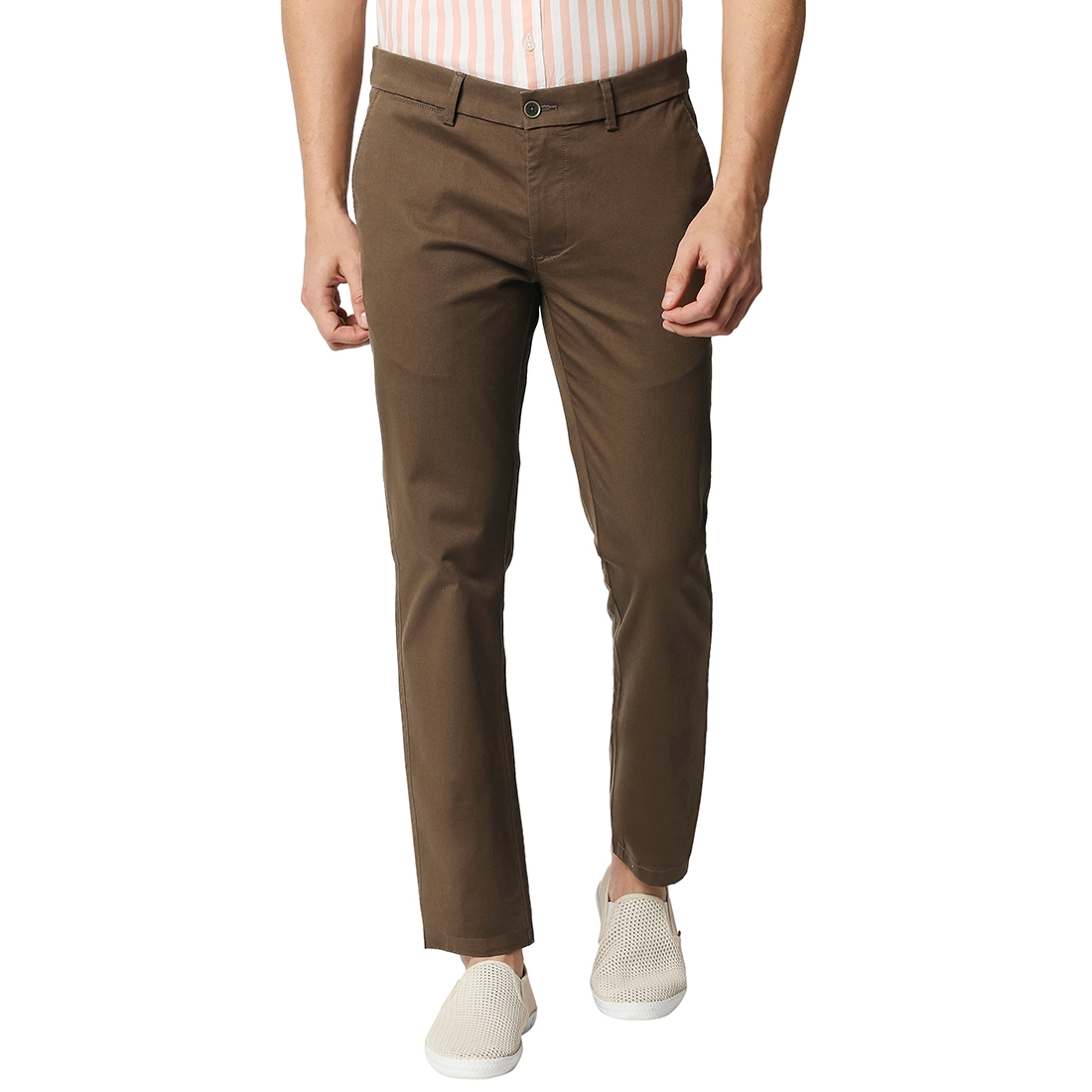 Basics | BASICS CASUAL PLAIN MID BROWN COTTON STRETCH TAPERED TROUSERS 