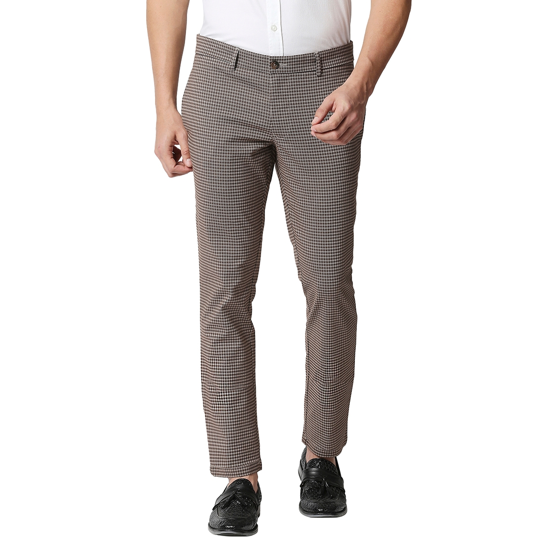 BASICS CASUAL CHECKED MID BROWN COTTON POLYESTER STRETCH TAPERED TROUSERS 