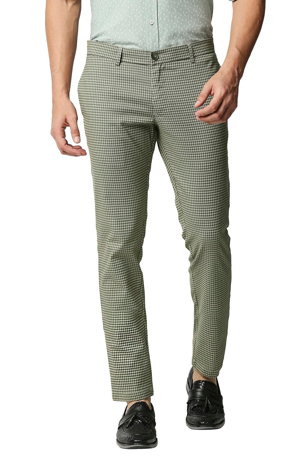 BASICS CASUAL CHECKED MID GREEN COTTON POLYESTER STRETCH TAPERED TROUSERS 