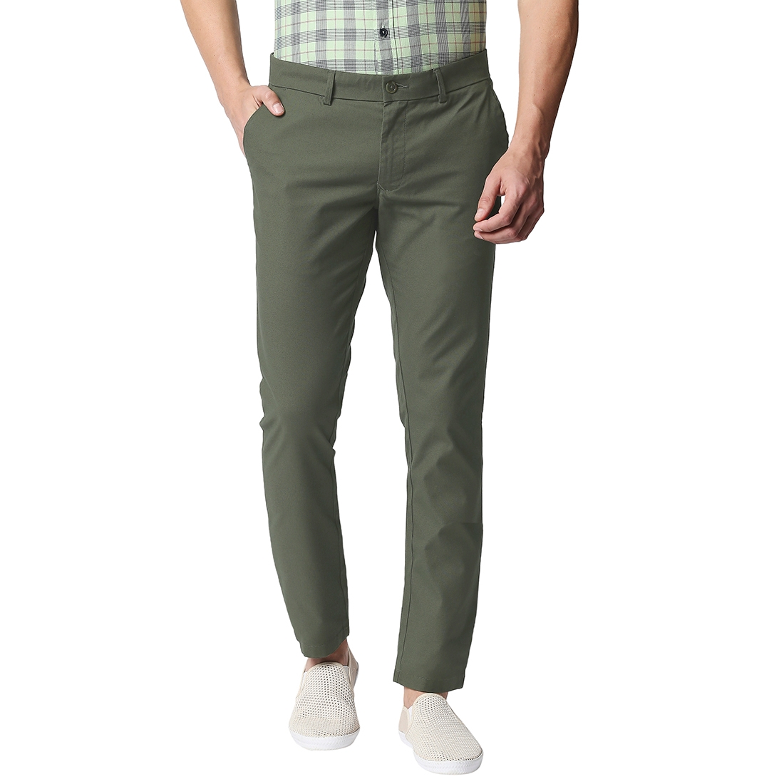 BASICS CASUAL SELF MID GREEN COTTON POLYESTER STRETCH TAPERED TROUSERS 
