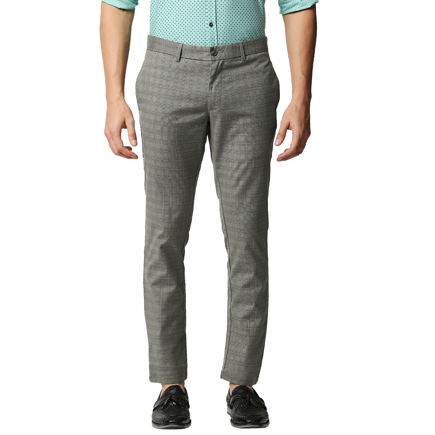 Basics | BASICS CASUAL CHECKED MID GREEN COTTON POLYESTER STRETCH TAPERED TROUSERS  0