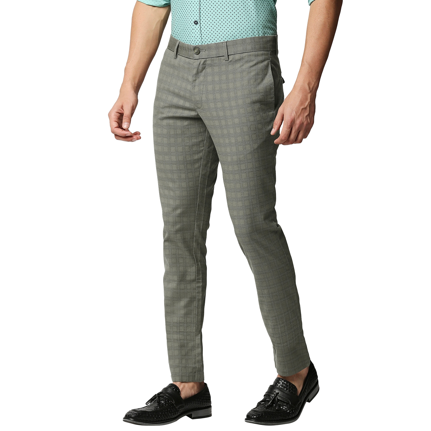Basics | BASICS CASUAL CHECKED MID GREEN COTTON POLYESTER STRETCH TAPERED TROUSERS  2