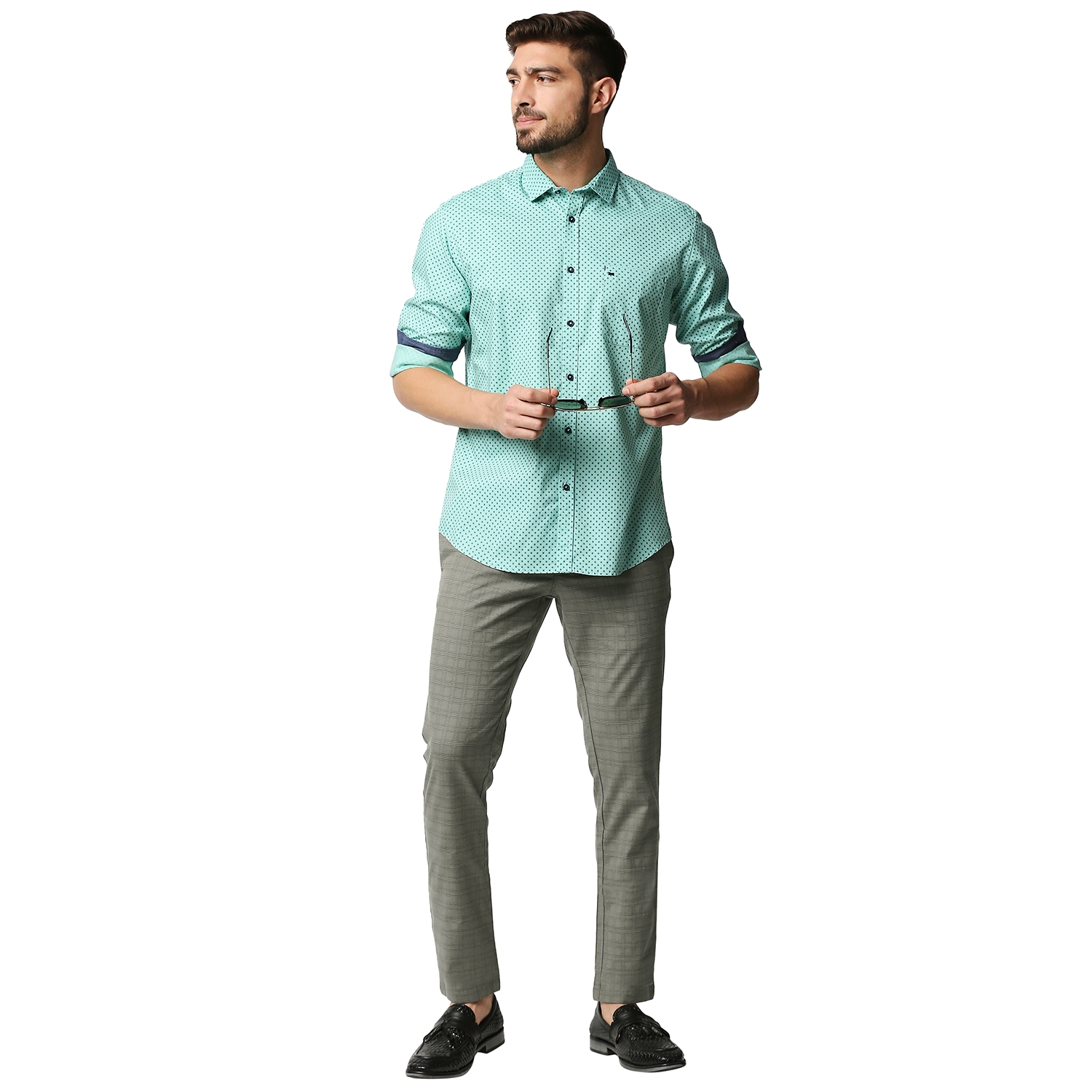Basics | BASICS CASUAL CHECKED MID GREEN COTTON POLYESTER STRETCH TAPERED TROUSERS  4