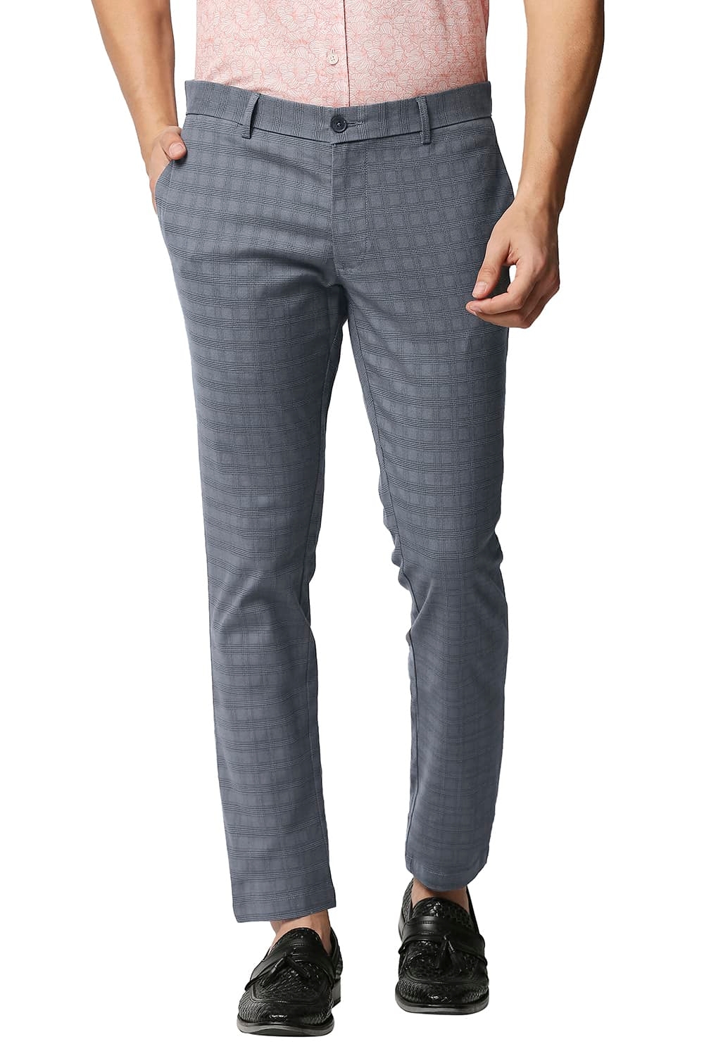 Basics | BASICS CASUAL CHECKED MID BLUE COTTON POLYESTER STRETCH TAPERED TROUSERS 
