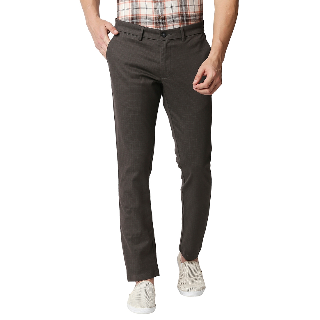 Basics | BASICS CASUAL PRINTED DARK GREY COTTON STRETCH TAPERED TROUSERS 