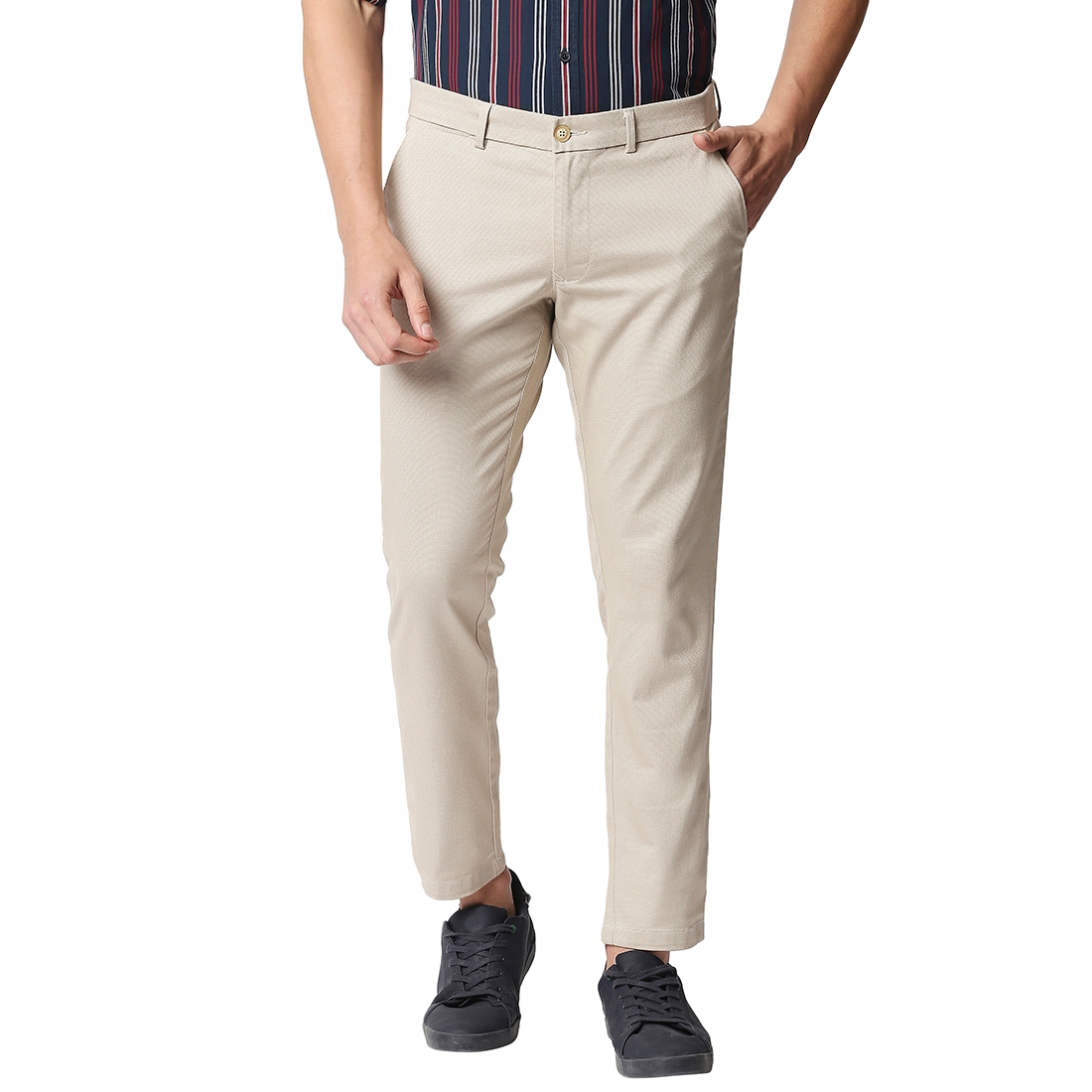 BASICS CASUAL PRINTED BEIGE COTTON STRETCH TAPERED TROUSERS 