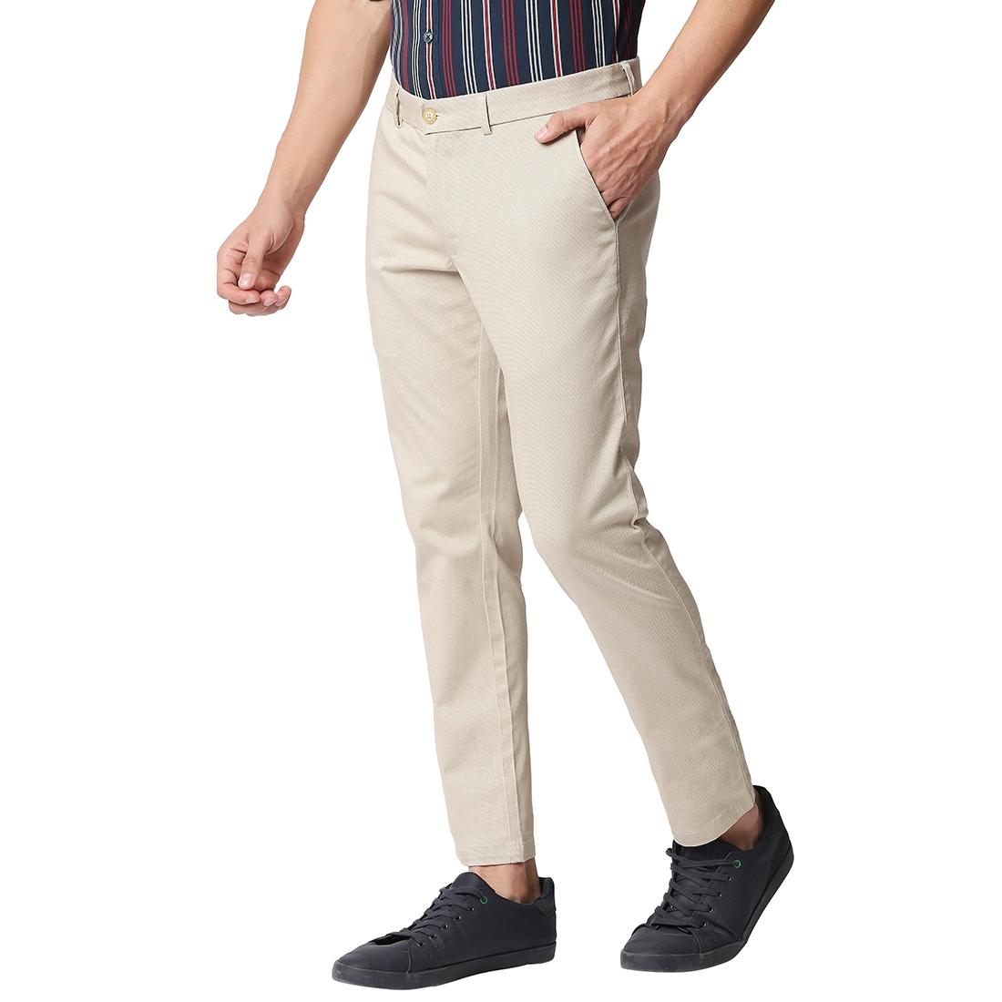 Men's Beige Cotton Blend Textured Trouser
